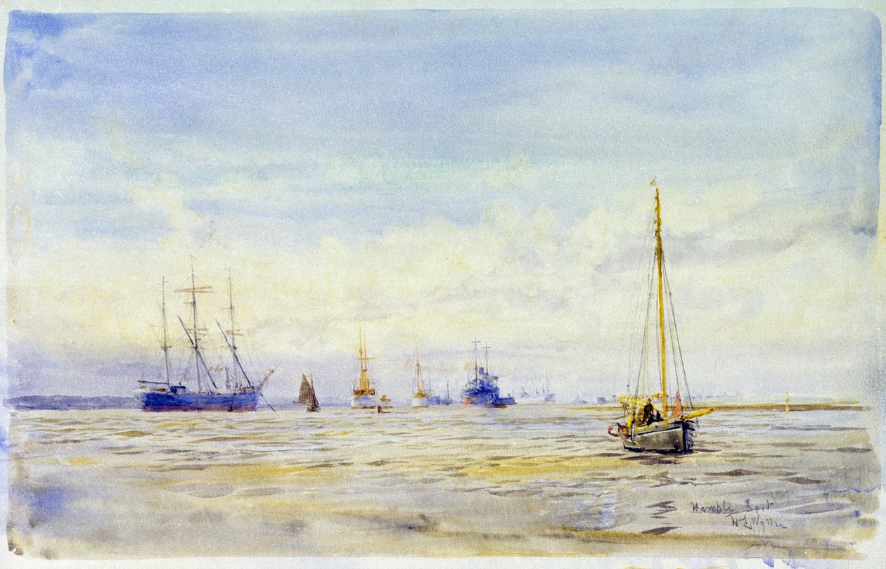 Hamble Nehri (İngiltere) ve kayıkçılık. Suluboya, 19. yüzyıl sonu, William Lionel Wyllie (1851-1931). by William Lionel Wyllie