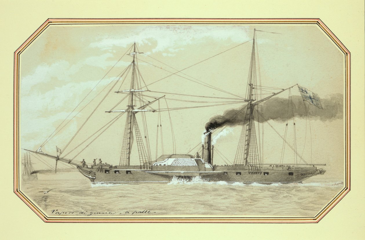 Bir kürek tahrikli buharlı savaş gemisi (kalem ve yıkama, beyaz ile yükseltilmiş) by William McConnell