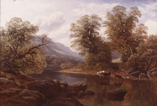 Nehir ve Sığır Manzarası (tuval üzerine yağlı boya) by William Mellor