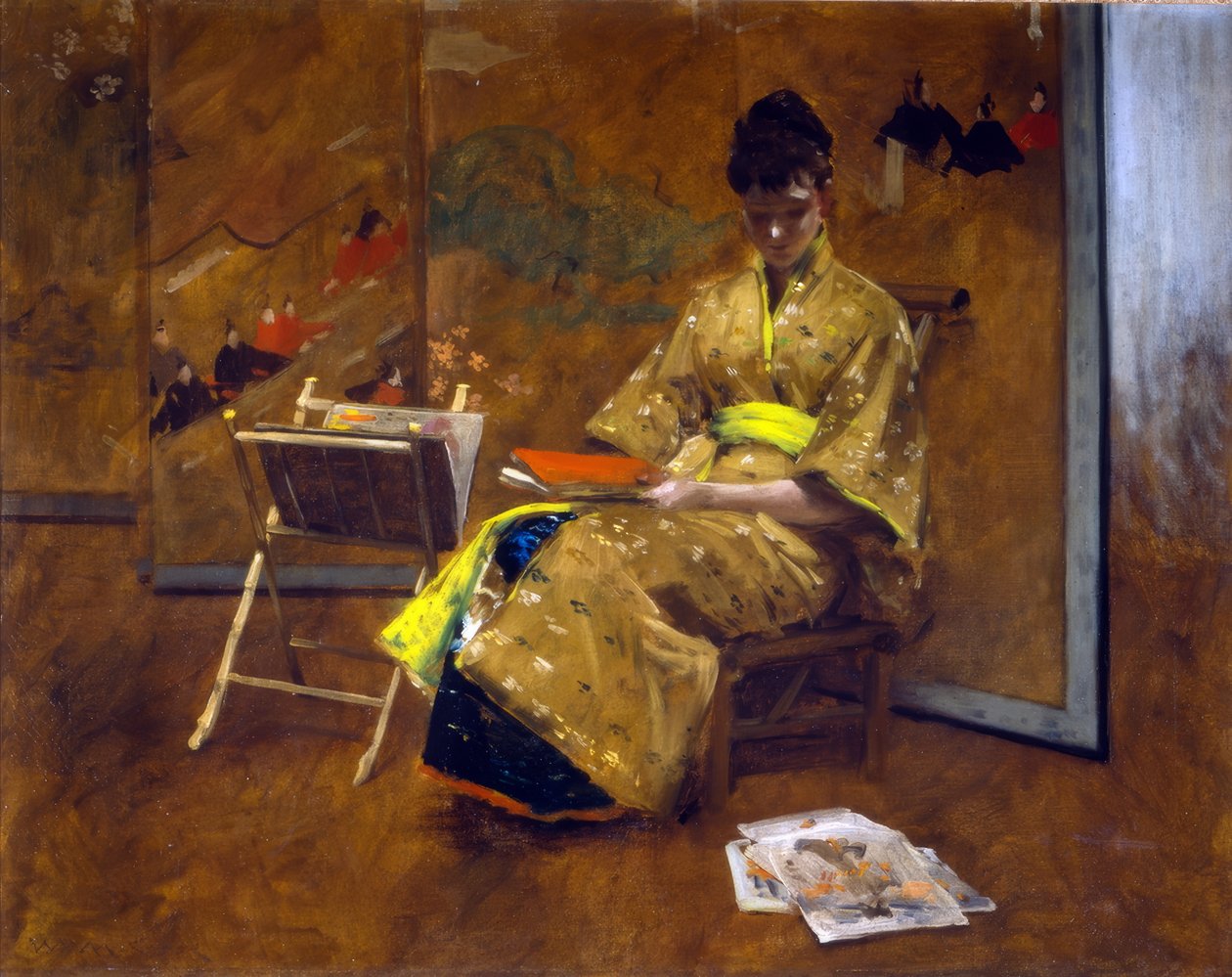 Japon Elbiseli Bir Kız. Kimono ca. 1887. by William Merritt Chase