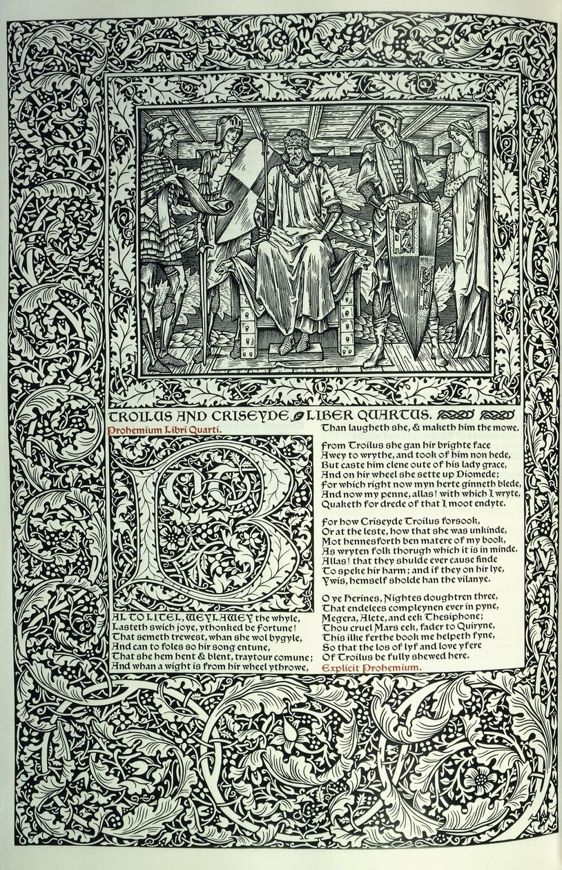 "Troilus ve Criseyde"den bir sahne, ilk "B"nin tarihçesi, tam sayfa kenarlıklı el yazması, 1896 by William Morris