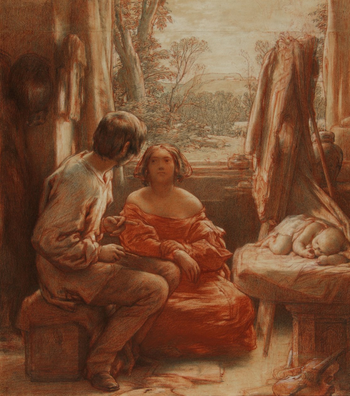 The Artist's Studio, 1839 dolayları (kağıt üzerinde kırmızı ve beyaz tebeşirli kalem) by William Mulready