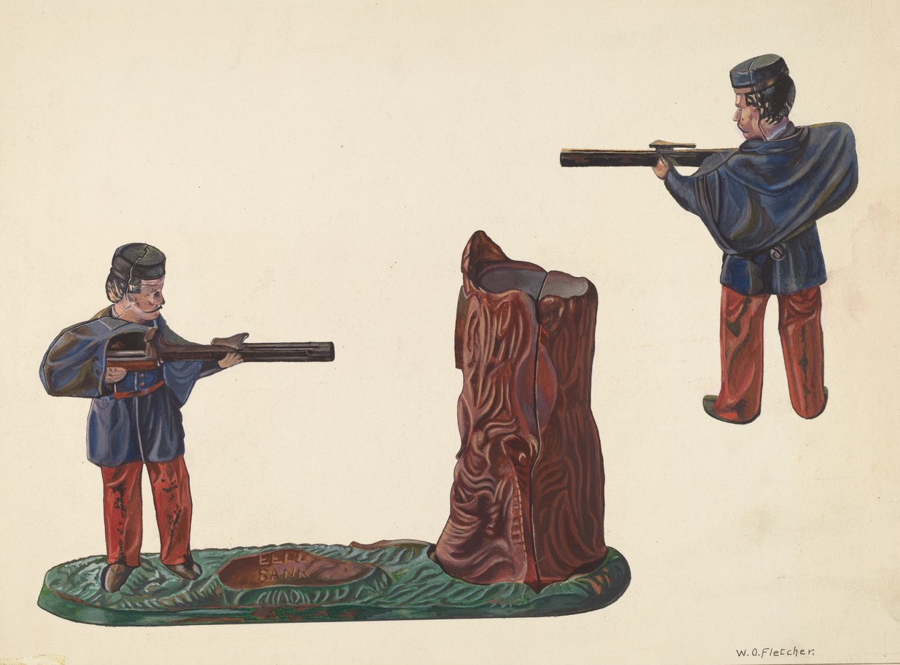 Civil War Soldier & Tree Trunk Bank, c. 1937. by William O. Fletcher