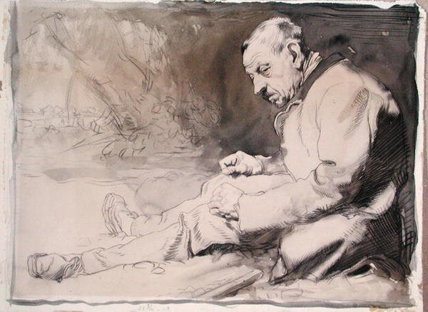 Yaşlı Bir Adamın Çalışması (kalem ve kağıt üzerine sulu boya) by William Orpen
