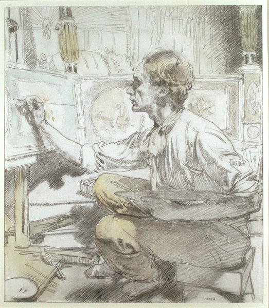 Yatak Ressamı (Mobilya Ressamı) c.1913 (kağıt üzerine kurşun kalem üzerine sulu boya) by William Orpen