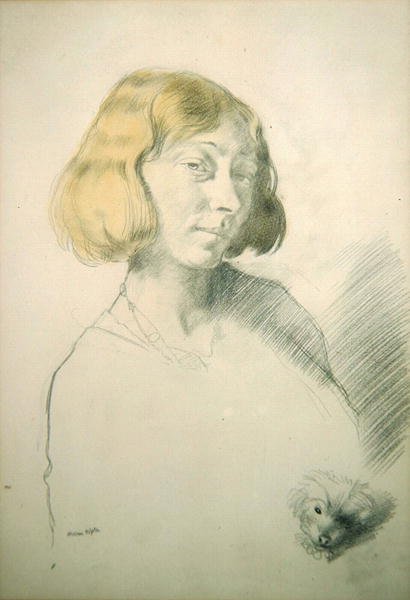 Vera Hone ve Köpeği, c.1912 (kalem ve kağıt üzerinde yıkama) by William Orpen