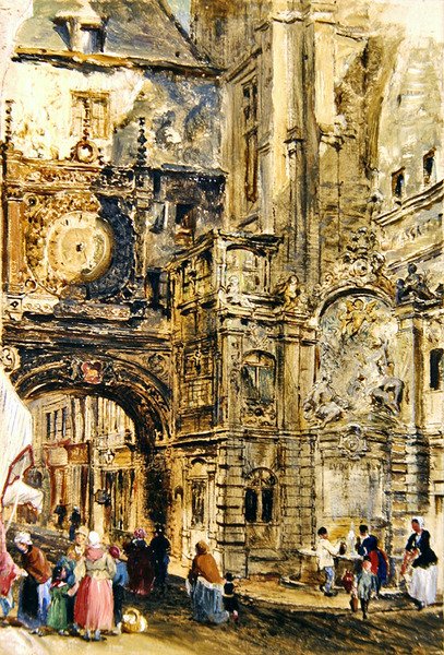 Gros Horloge de Rouen, 1860 dolayları (gemiye serilmiş kağıt üzerine yağlı boya) by William Parrott