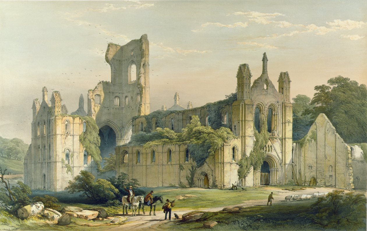 Kirkstall Abbey kuzeybatıdan bakıldığında. - H. Hawkins tarafından oyulmuş "Yorkshire Manastır Harabeleri"nden by William Richardson