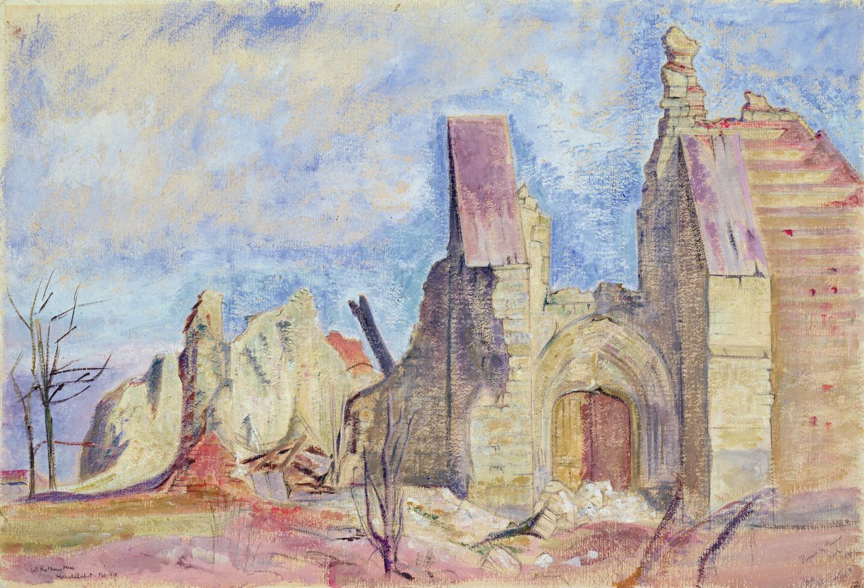 Batı Cephesi, Marchelepot Kilisesi (kağıt üzerine guaş) by William Rothenstein