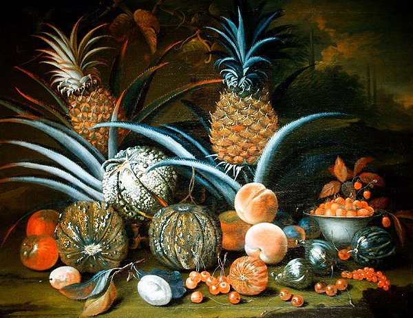 Ananas, kavun, şeftali, çilek, kiraz ve diğer meyvelerden oluşan natürmort (tuval üzerine yağlı boya) by William Sartorius