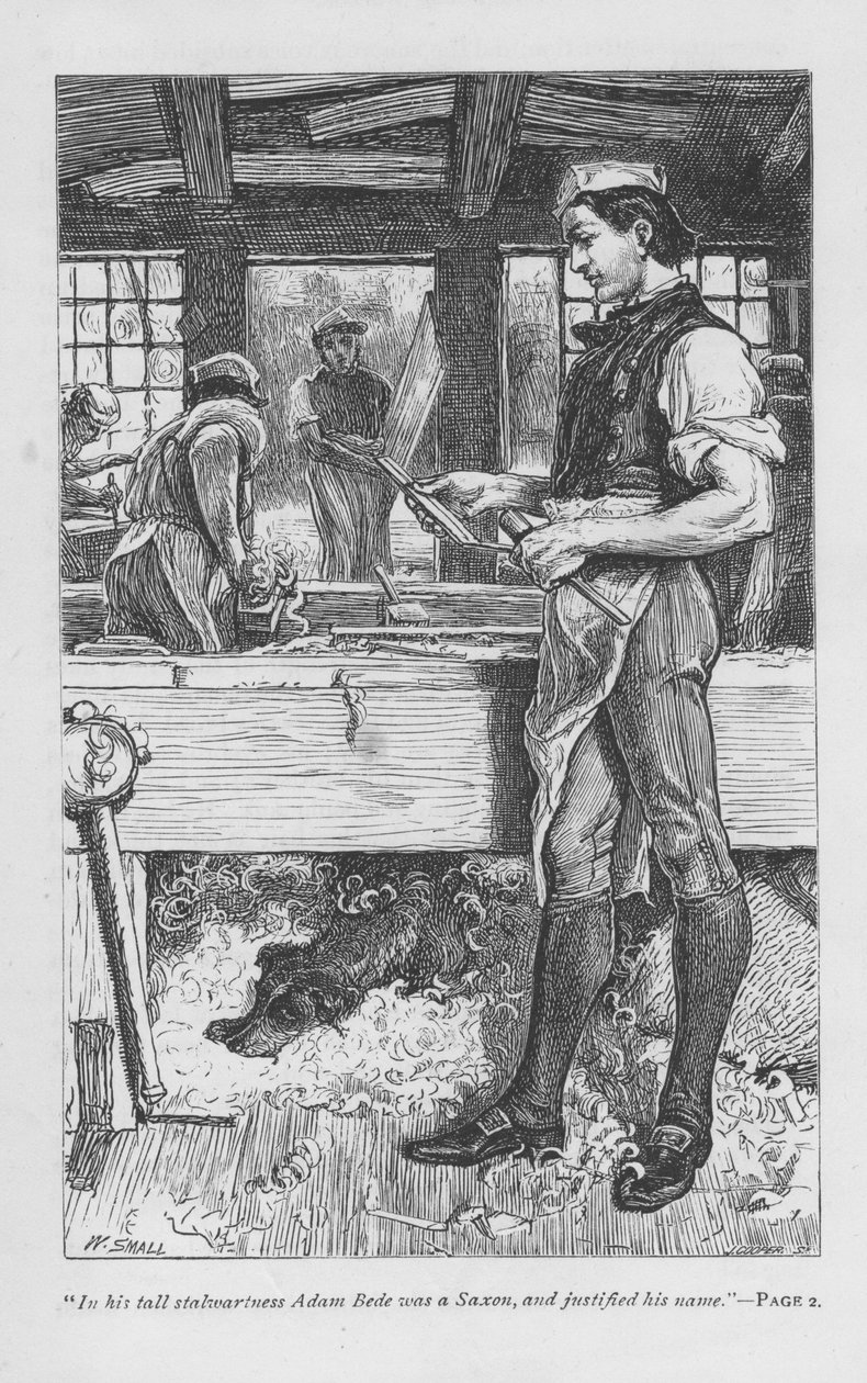 Köyün marangozu Adam Bede, atölyede, köpeği Gyp, bankın altında bir talaş yığını üzerinde. Adam Bede, George Eliot tarafından, ilk kez 1859