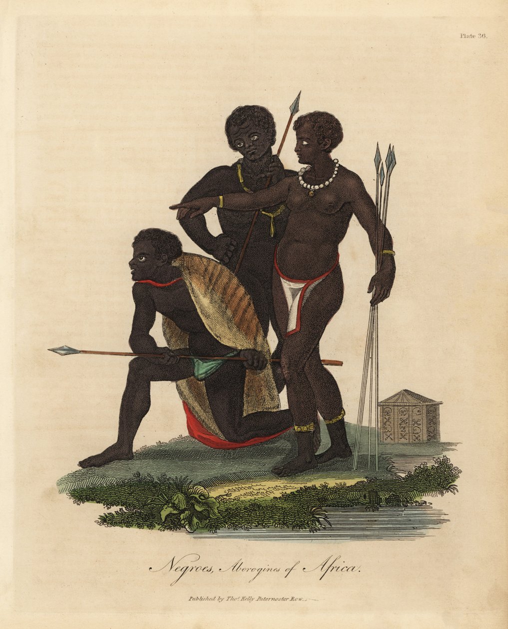 Mızraklı, hayvan derisi ceketli, kolyeli Güney Afrika yerlileri by William Smellie