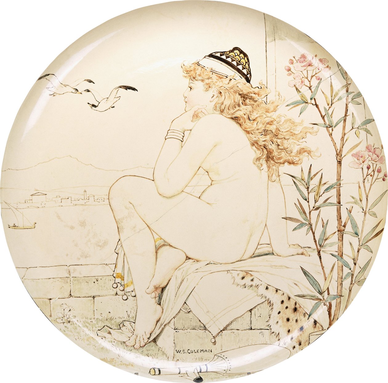 Bir Minton Art Pottery Studio şarj cihazı, denize bakan bir çıplak ile boyanmış, 19. yüzyıl by William Stephen Coleman