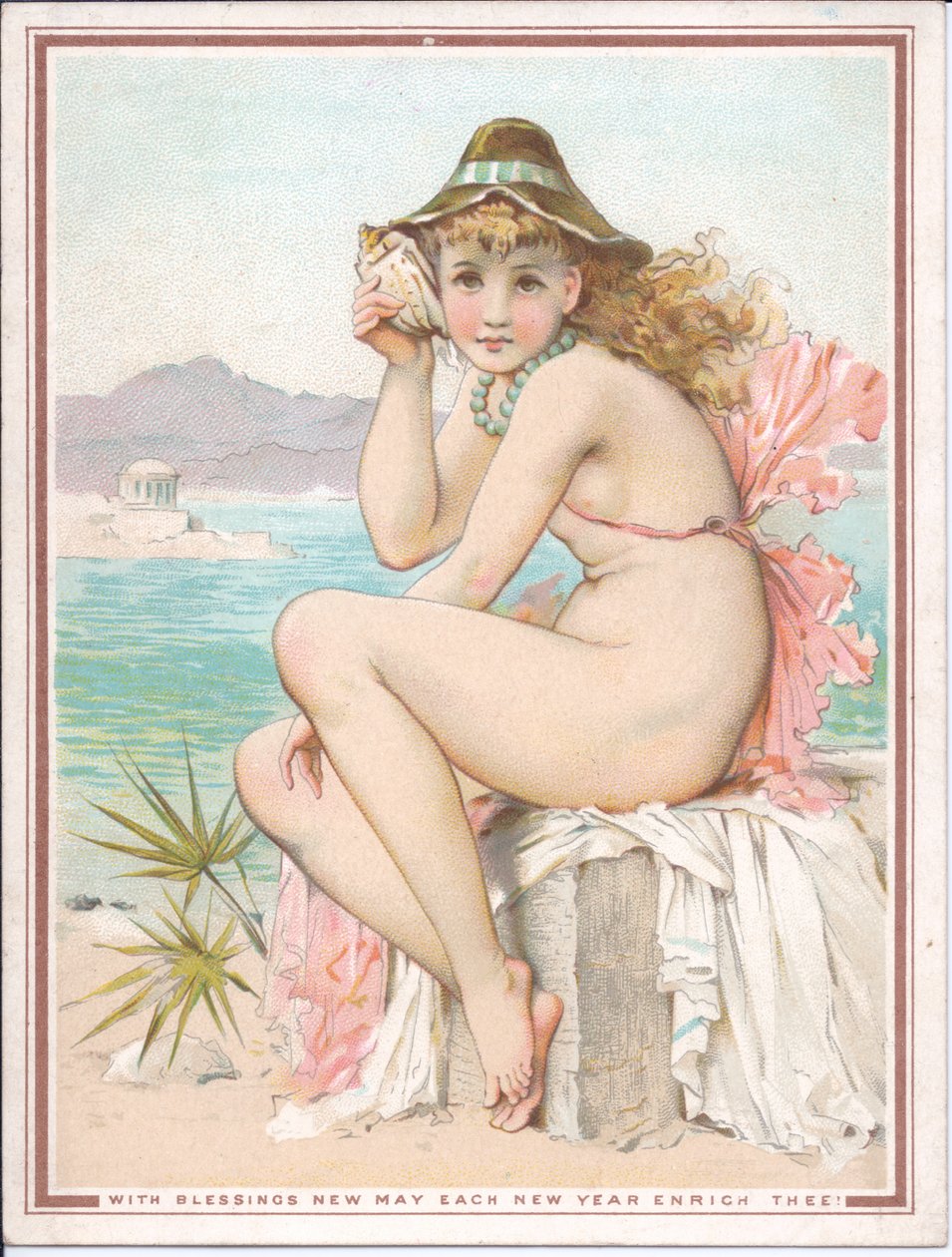 Sahilde yüzen bir güzelin kulağına bir deniz kabuğu tutan Victoria Yeni Yıl kartı, 1881 dolayları by William Stephen Coleman