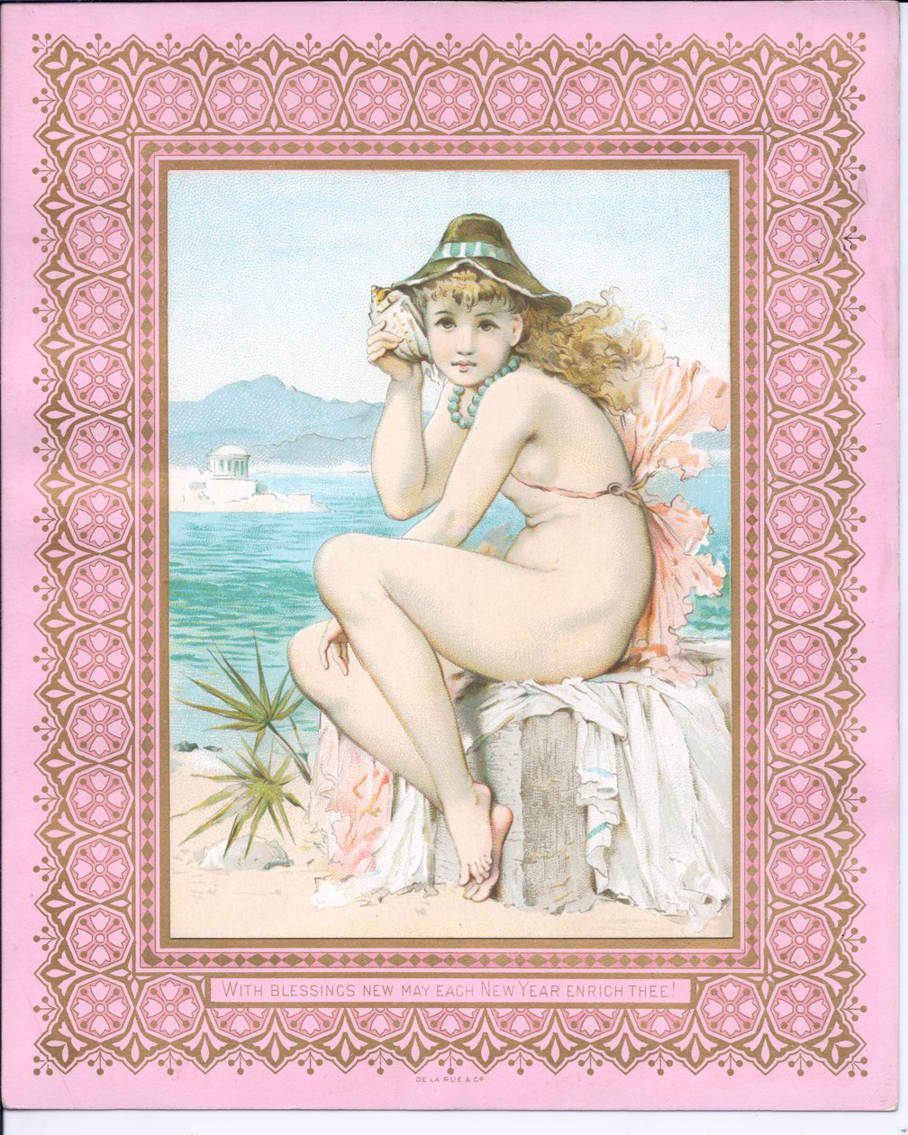 Sahilde yüzen bir güzelin kulağına bir deniz kabuğu tutan Victoria Yeni Yıl kartı, 1881 dolayları by William Stephen Coleman