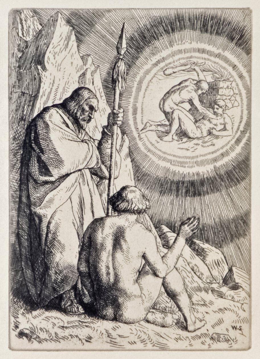 Michael, John Milton'ın (1608-1674) Kayıp Cennet'ten bir Görüntüyü Adem'in önüne koyuyor, William Strang (1859-1921) tarafından oyulmuş 12 resimlik bir dizi by William Strang
