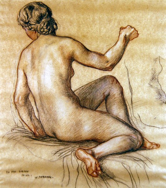 Arkadan oturan çıplak bir kadın çalışması, 1890 dolayları (kağıt üzerinde kömür, kırmızı ve beyaz tebeşir) by William Strang