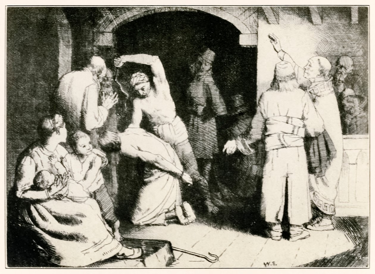 Sadıkların Hacılardan Kırbaçlanması Bu Dünyadan İlerleme, Gelecek Olanlara John Bunyan (1628-1688) William Strang (1859-1921) tarafından örnekleme Sadık, tria'sından sonra işkence görüyor by William Strang