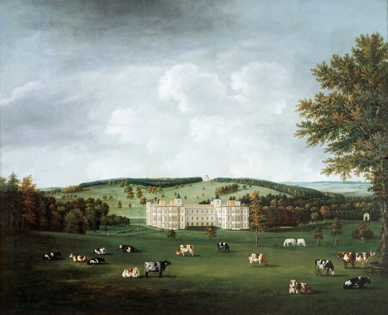 Audley End ve Ring Hill Tapınağı c.1788 (tuval üzerine yağlı boya) by William Tomkins