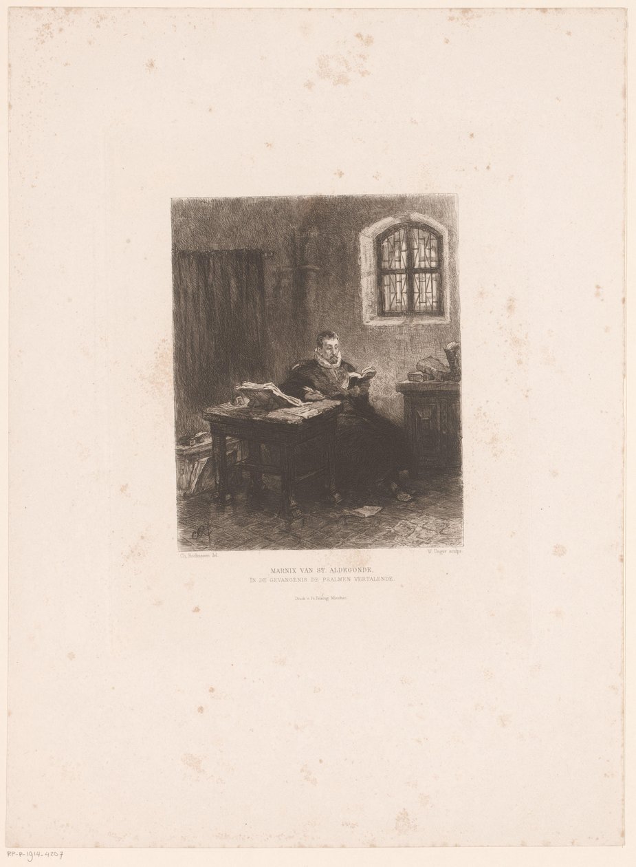 Philip van Marnix van Sint-Aldegonde hapiste Marnix van St. Aldegonde, hapishanedeki mezmurları tercüme ediyor (nesne üzerine başlık) by William Unger