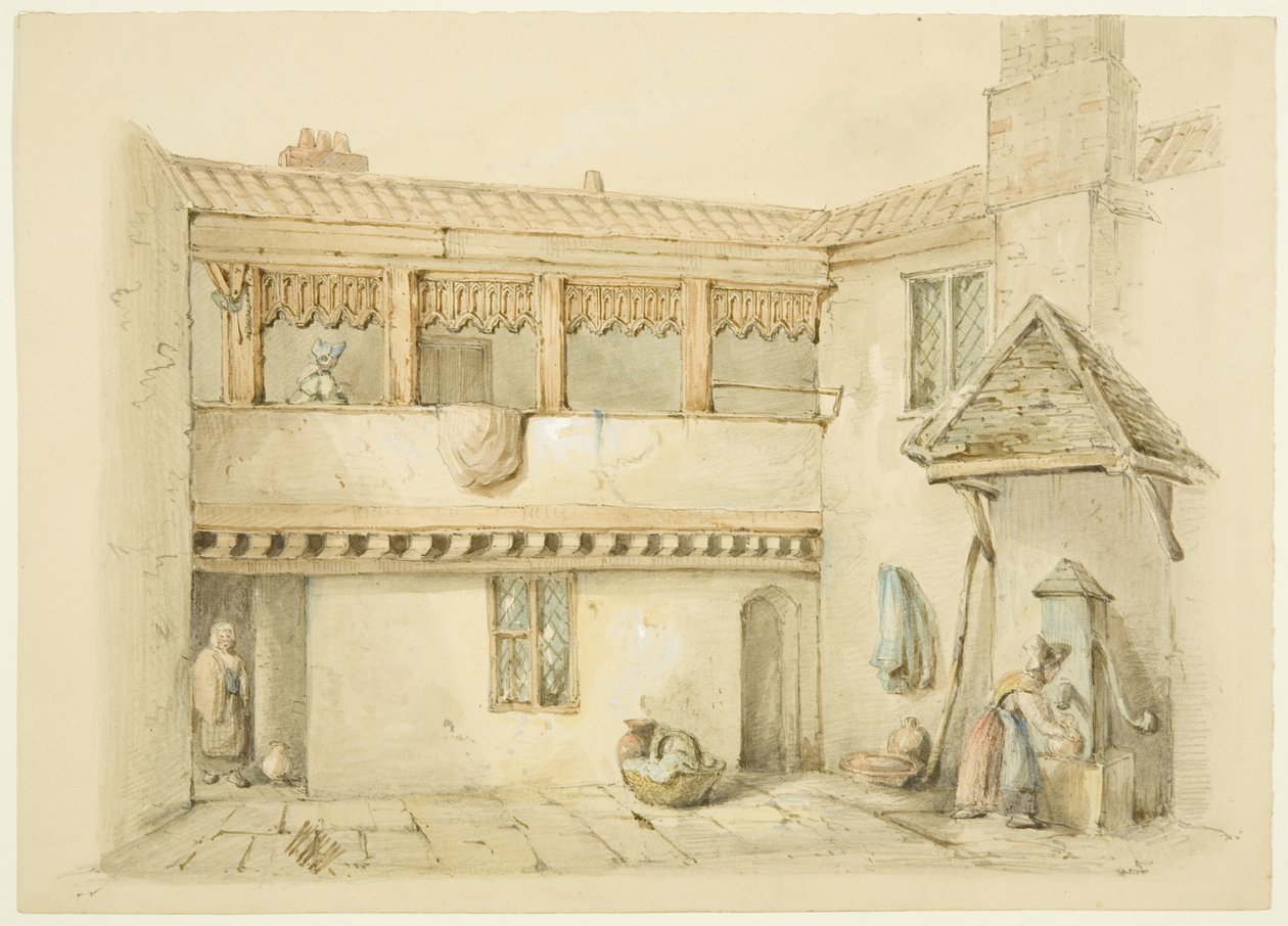 Barnstaple Almshouses, Eski Pazar (kağıt üzerine kurşun kalem ve sulu boya) by William W. Wheatley