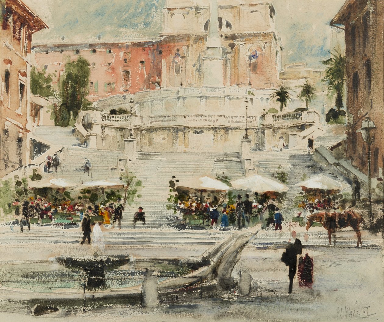 Roma: Piazza di Spagna, 1909 (kalem, fırça, mürekkep, tuvalet ve kağıt üzerine guaj boya) by William Walcot