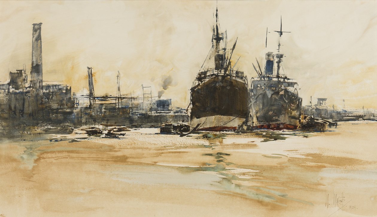 The Pool of London, 1924 (kağıt üzerine kalem, fırça, mürekkep, wc ve guaj boya) by William Walcot