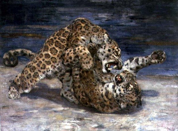 Leoparlar Dövüşü, c.1910 (tuval üzerine yağlı boya) by William Walls
