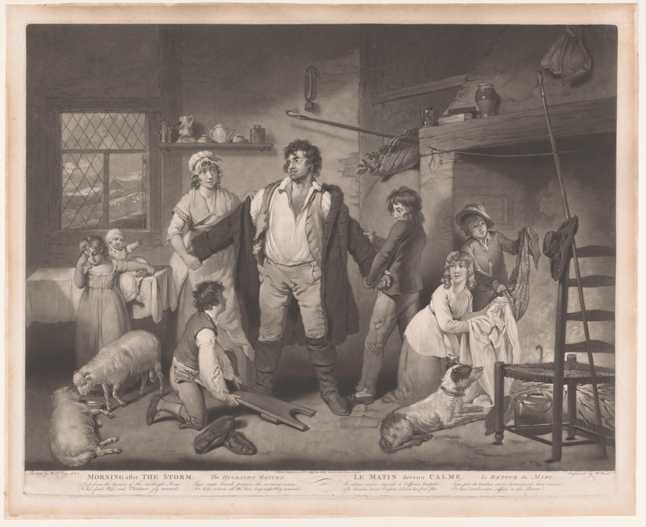 Aile, fırtınadan sonra babayı evde karşıladı Fırtınadan sonraki sabah, kocanın dönüşü / Le Matin devenue Calme, le retour du mari (nesnedeki başlık) by William Ward