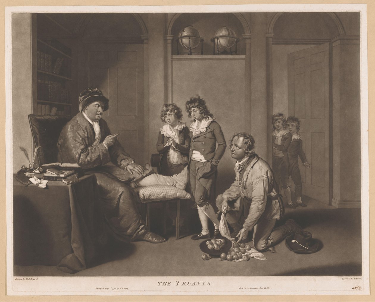 Adam çocukları ve diz çökmüş armutları olan bir adamı azarlıyor. Kaçaklar (nesne üzerindeki başlık) by William Ward