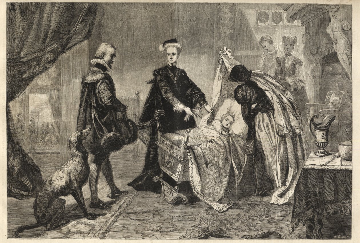 Kraliçe Mary, oğlunun (Jacques Stuart, Jacques VI ve I) beşiğinin önünde Stirling Kalesi