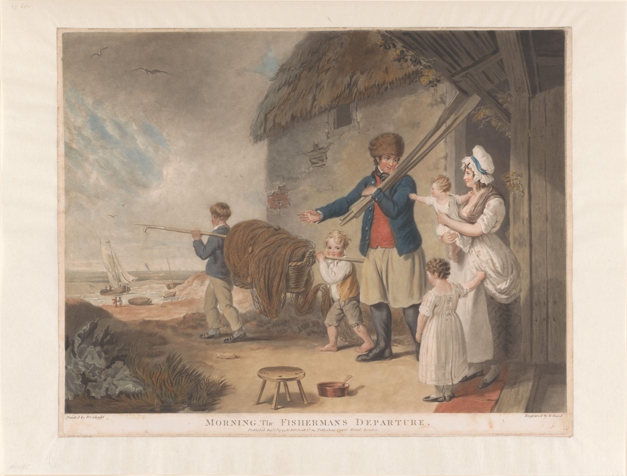 Visser işe gitmek için ailesine veda etti Sabah, Balıkçının Ayrılışı (nesnedeki başlık) by William Ward