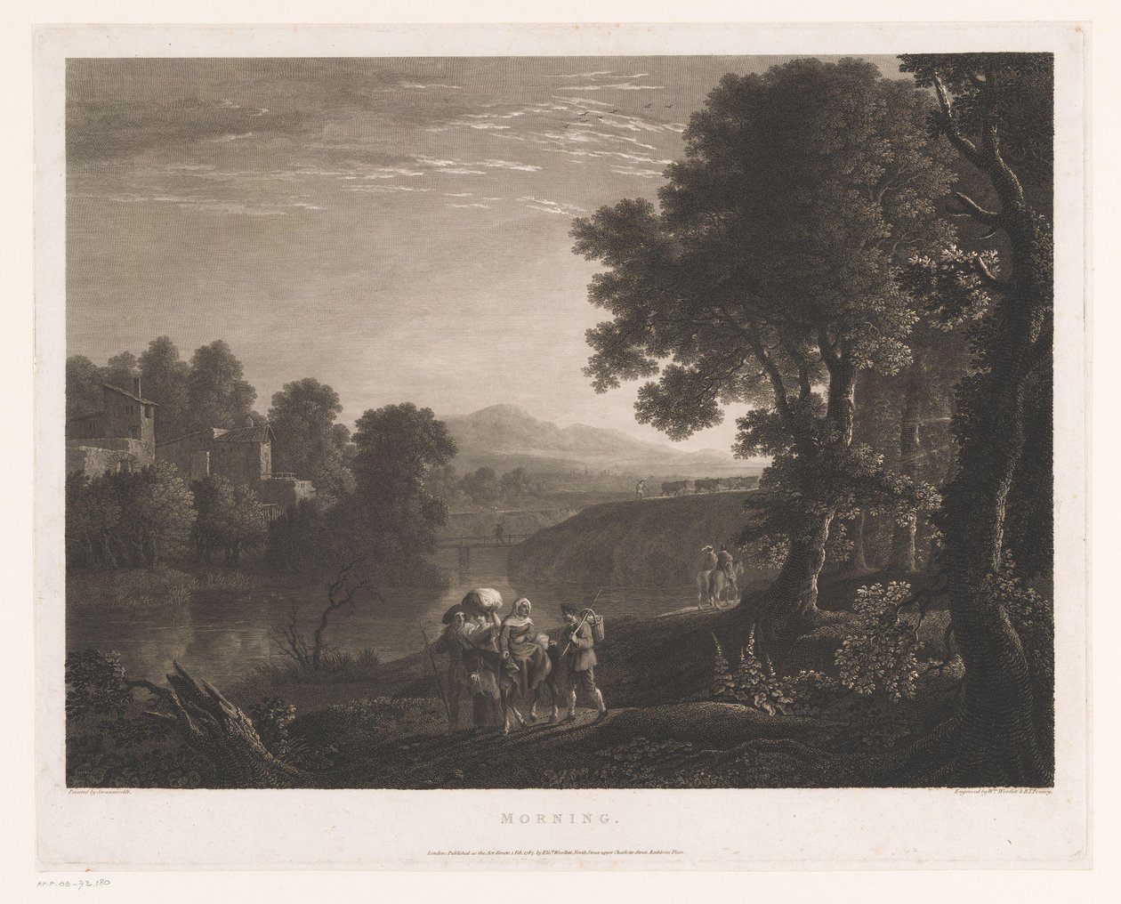 Bir Nehrin Kıyısında Katır Üzerinde Çobanlar ve Kadınla Manzara Sabah (nesnedeki başlık) by William Woollett