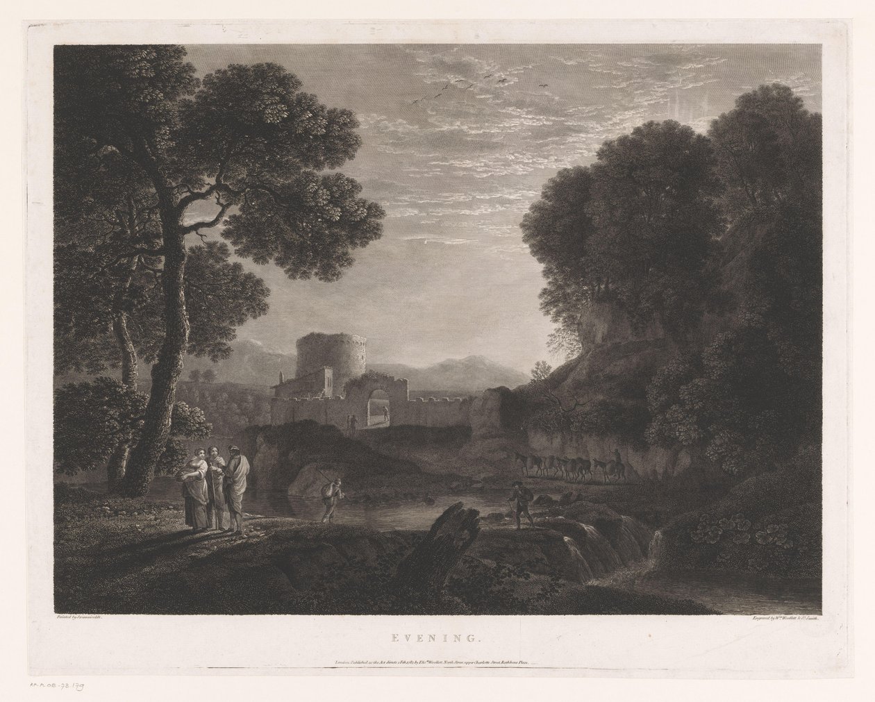 Bir nehir kıyısında kapı ve kule ile manzara Akşam (nesne üzerindeki başlık) by William Woollett