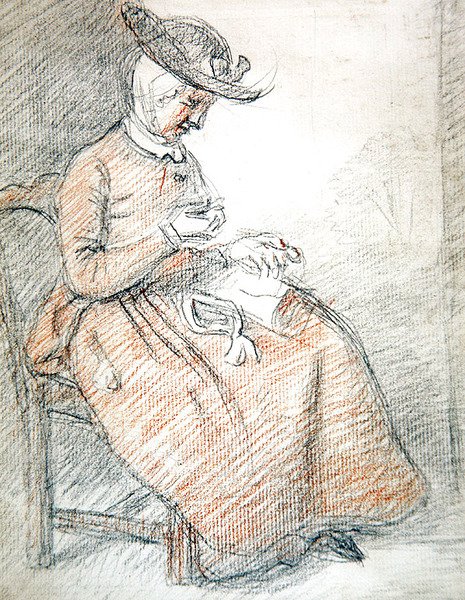 Kadın oturmuş dikiş (kağıt üzerinde kırmızı ve siyah tebeşir) by William of Bath Hoare