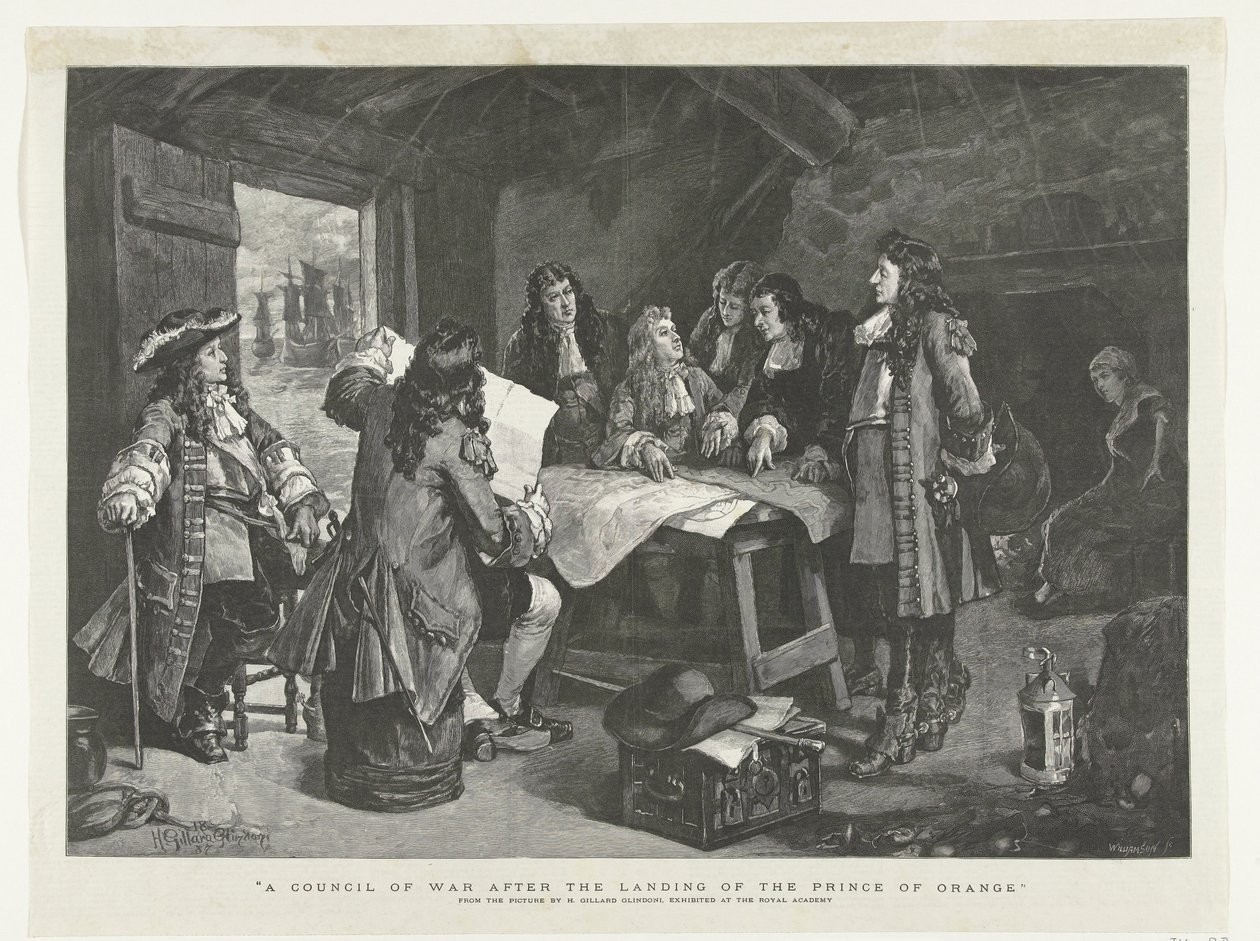 William III, bir balıkçı kulübesinde savaş konseyi düzenliyor, 1688 Orange Prensi
