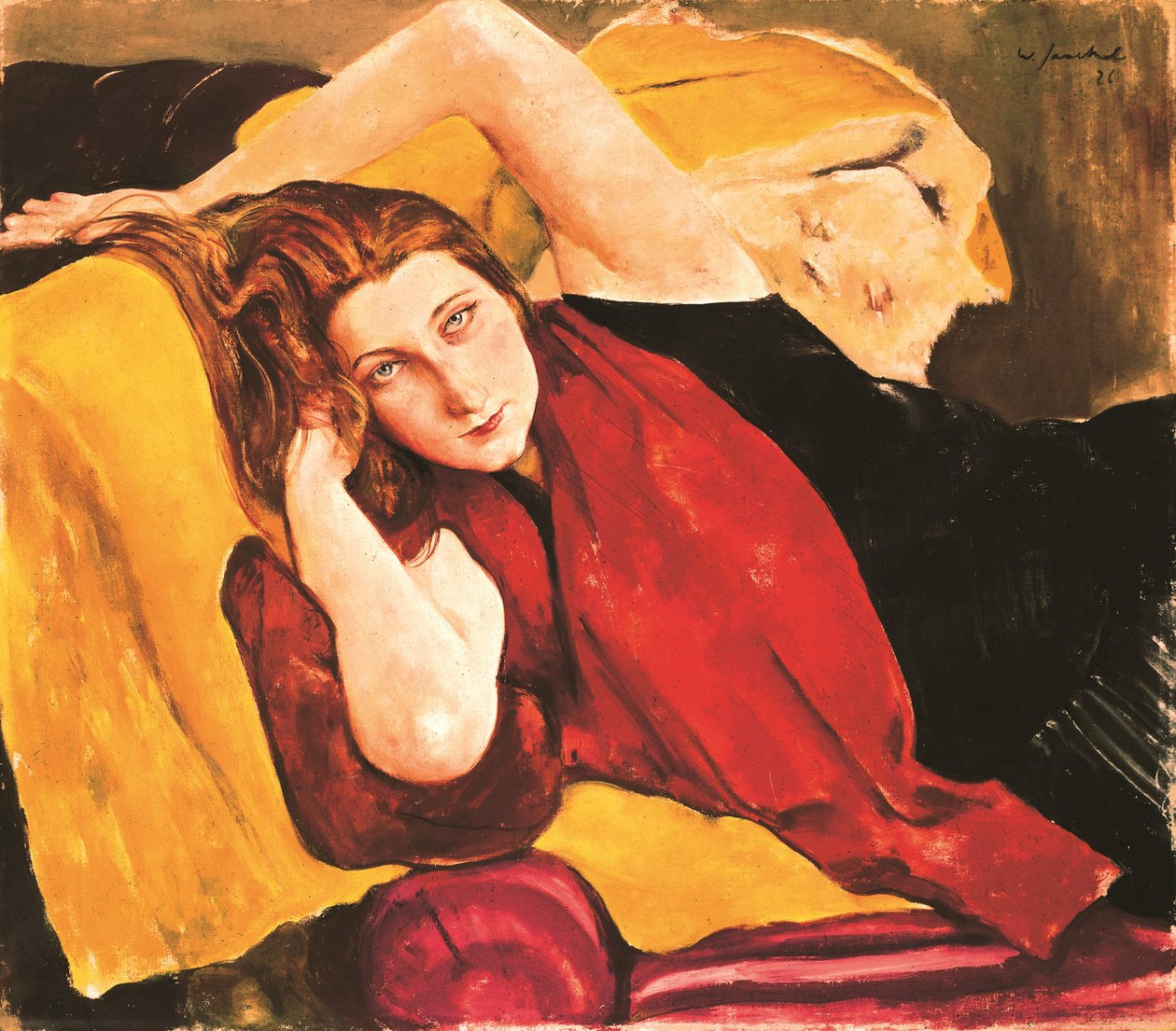 Kırmızı şallı genç bir kızın portresi - Kırmızı eşarplı bir kızın portresi, Jaeckel, Willy (1888-1944). tuval üzerine yağlıboya by Willy Jaeckel
