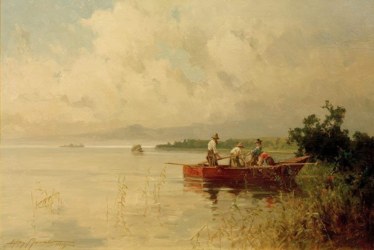 Yaz aylarında Chiemsee kıyılarında balıkçılar by Willy Moralt