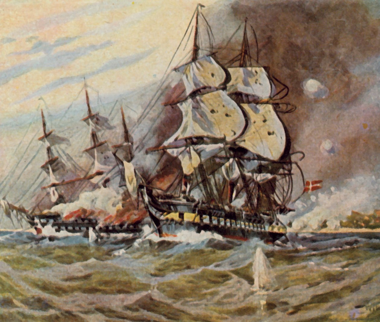 Eckernförde yakınlarındaki Alman sahil bataryaları, 5 Nisan 1849 (geliştirilmiş renkli litografi) by Willy Stower