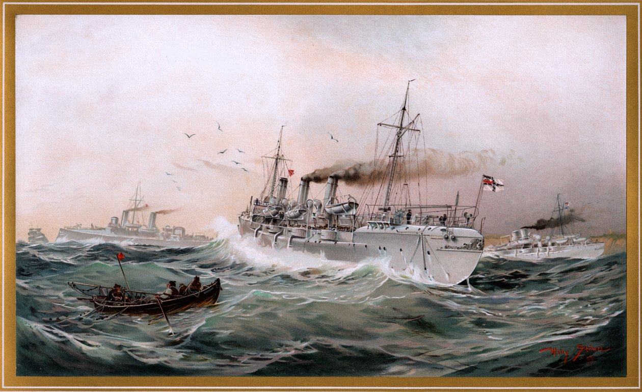 Kaiserliche Marine Griffin, Meteor ve Jagd göğüs kasabasına bakıyor, Willy Stöwer 1894, nr9, G. Wislicenus, Unsre Kriegsmarine. by Willy Stöwer