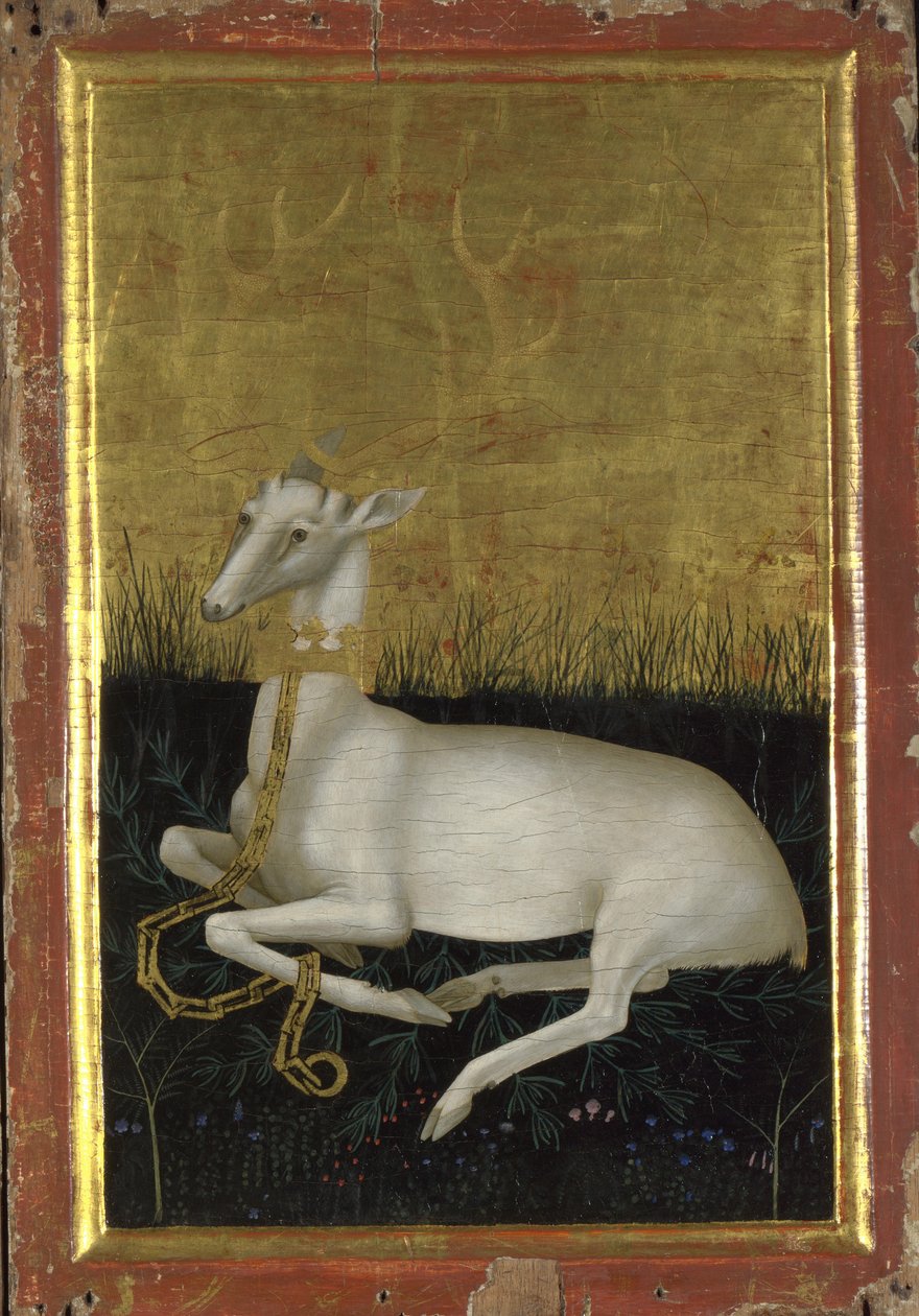 Boynunda bir taç ile zincirlenmiş beyaz bir erkek geyik Wilton Diptych