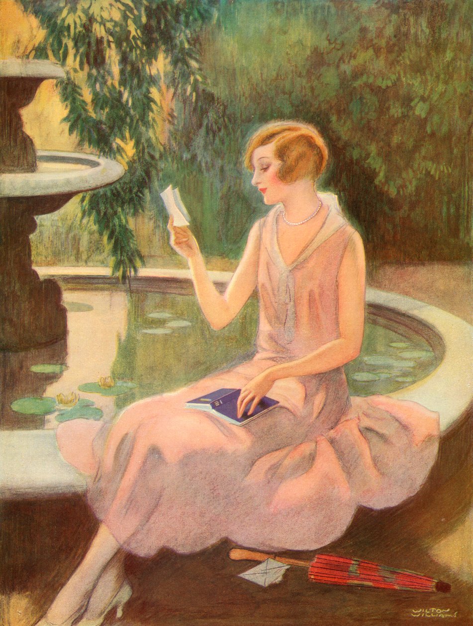 Bir çeşmenin yanında bir aşk mektubu okuyan genç kadın, 1925 dolayları (ekran baskısı) by Wilton Williams