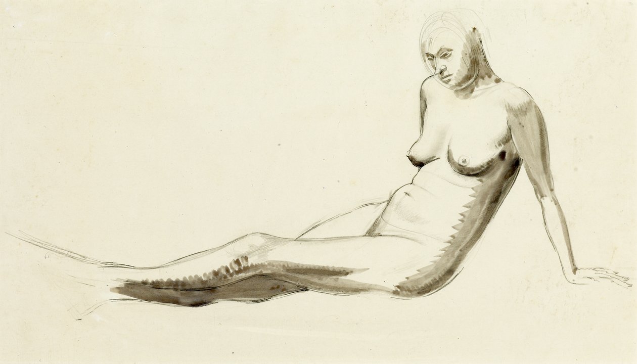 Seated Nude, c.1919 (kalem ve kurşun kalem üzerine yıkama) by Winifred Knights