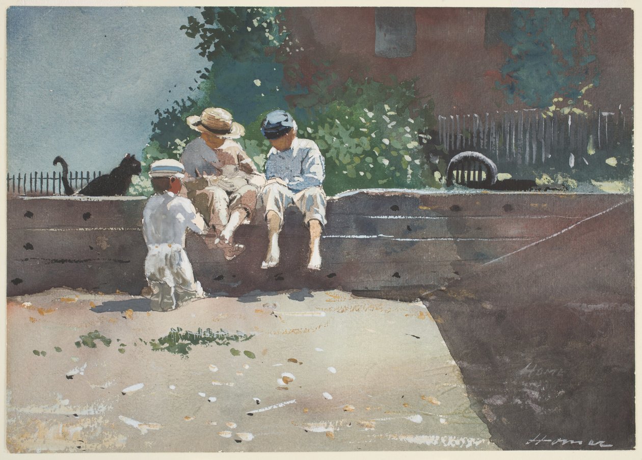 Boys and Kitten, 1873 (kağıt üzerine kalem üzerine tuvalet ve guaj boya) by Winslow Homer