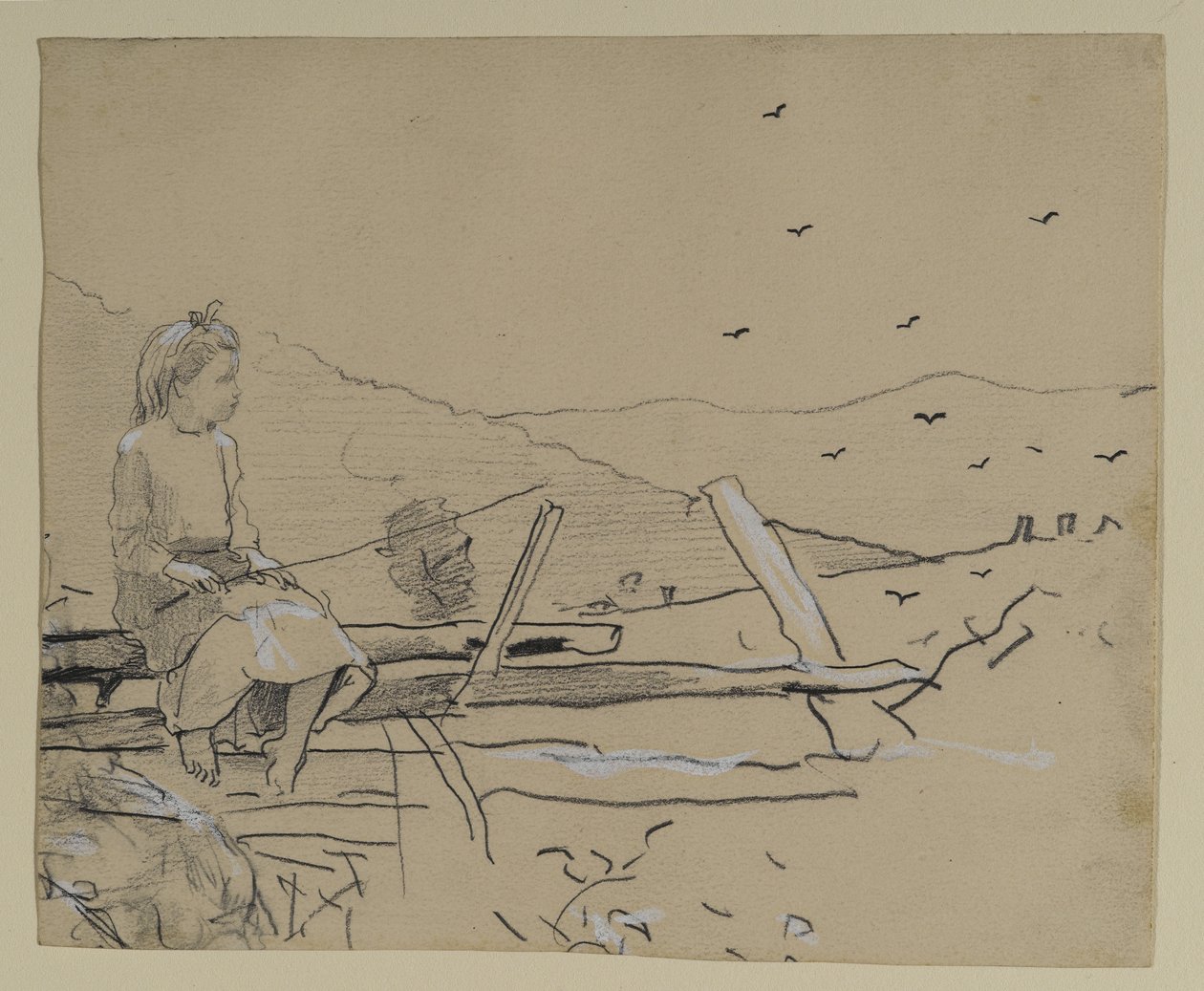 Raylı çitin üzerinde oturan kız, 1879 (kağıt üzerinde Çin beyazı olan grafit) by Winslow Homer