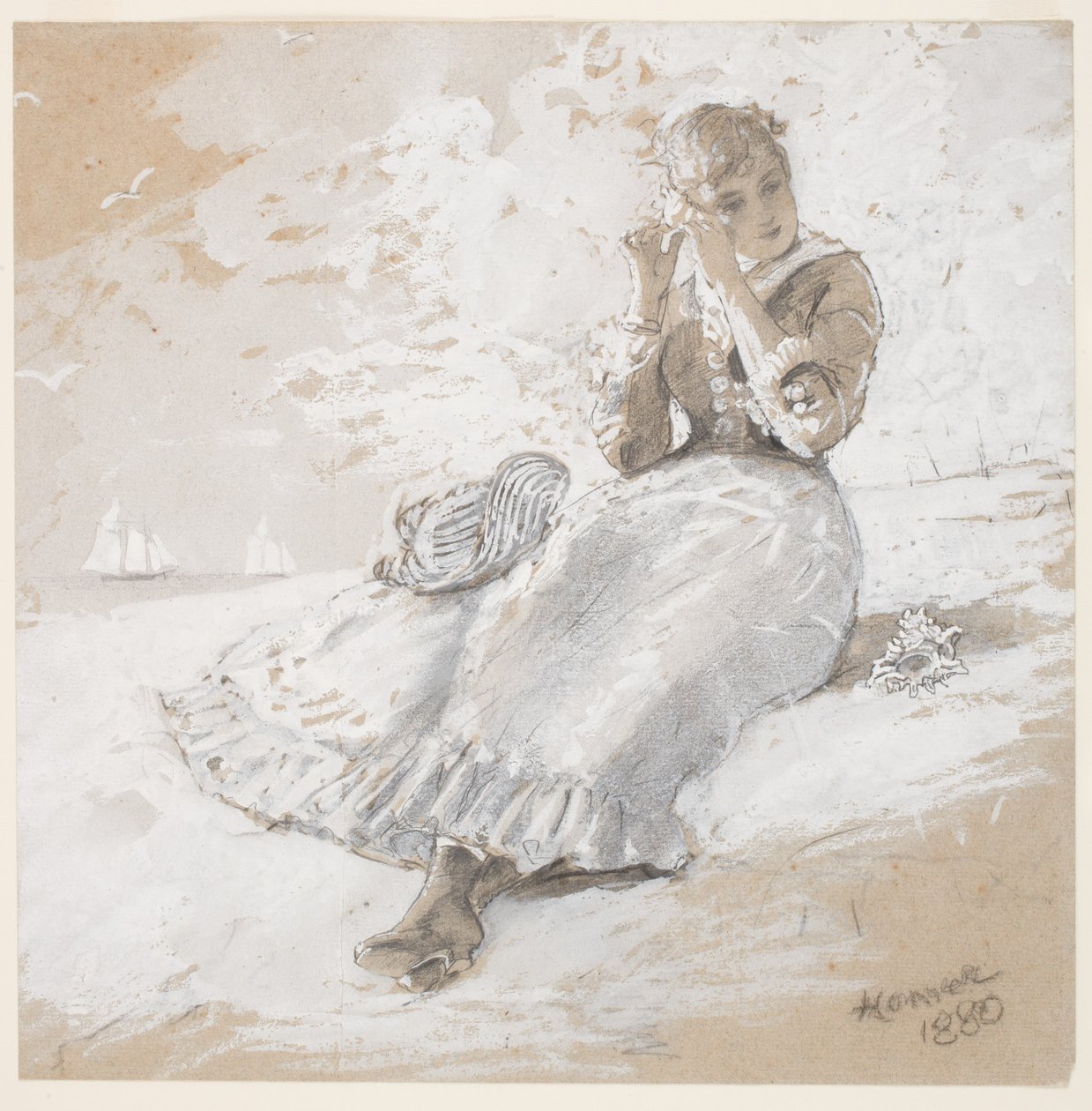 Kulakta Kabuklu Kız, 1880 (kağıt üzerinde grafit, kömür ve beyaz guaj) by Winslow Homer