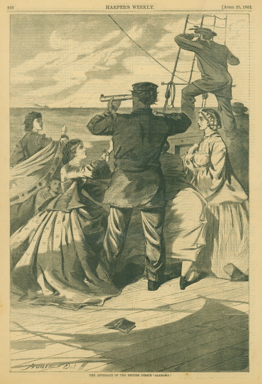 Birkaç bayan onun etrafında toplanırken, uzaktaki bir gemiye bir dürbünle bakan bir deniz subayının baskısı by Winslow Homer