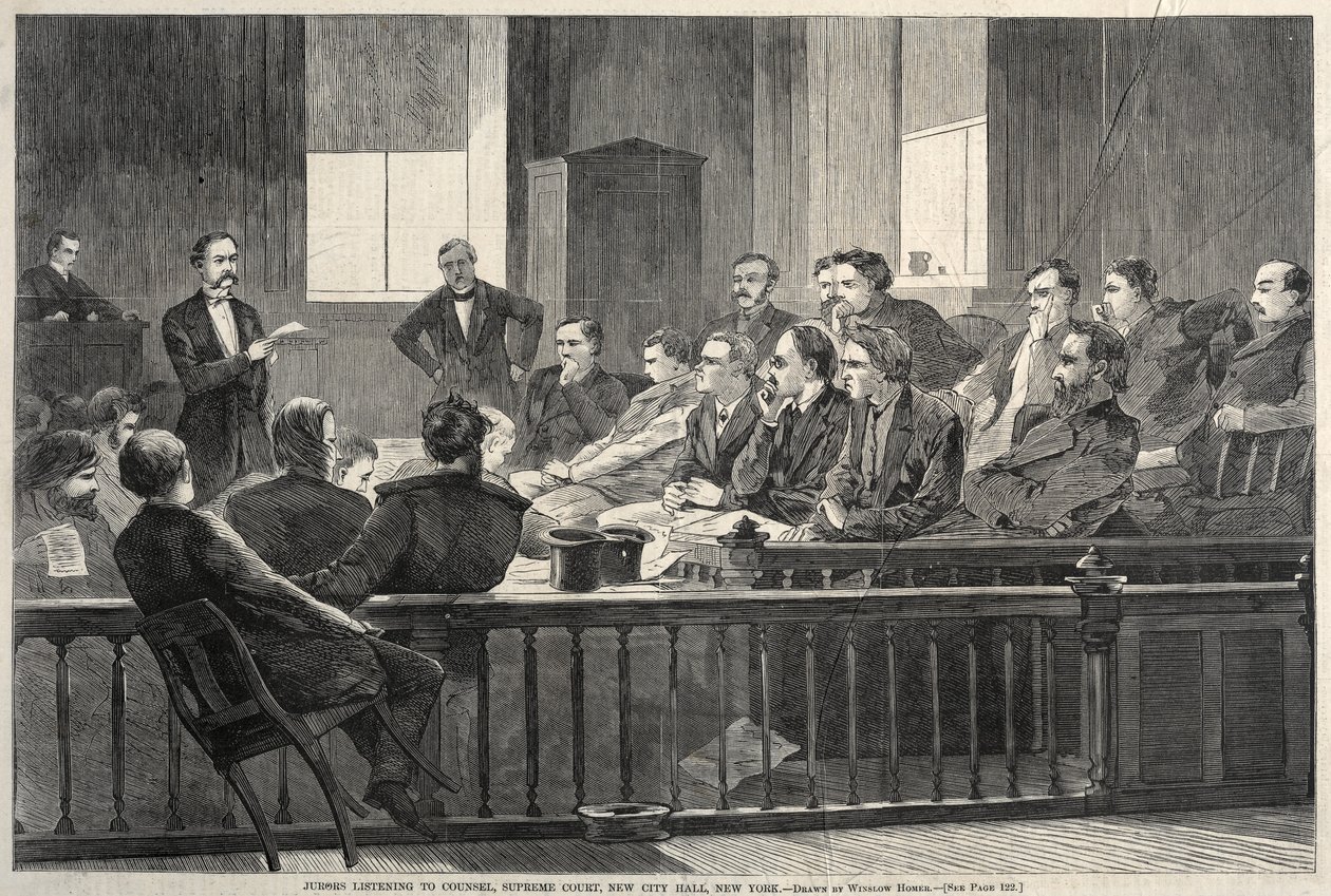 Avukatı Dinleyen Jüri Üyeleri, Yargıtay, New City Hall, New York, 1869. by Winslow Homer