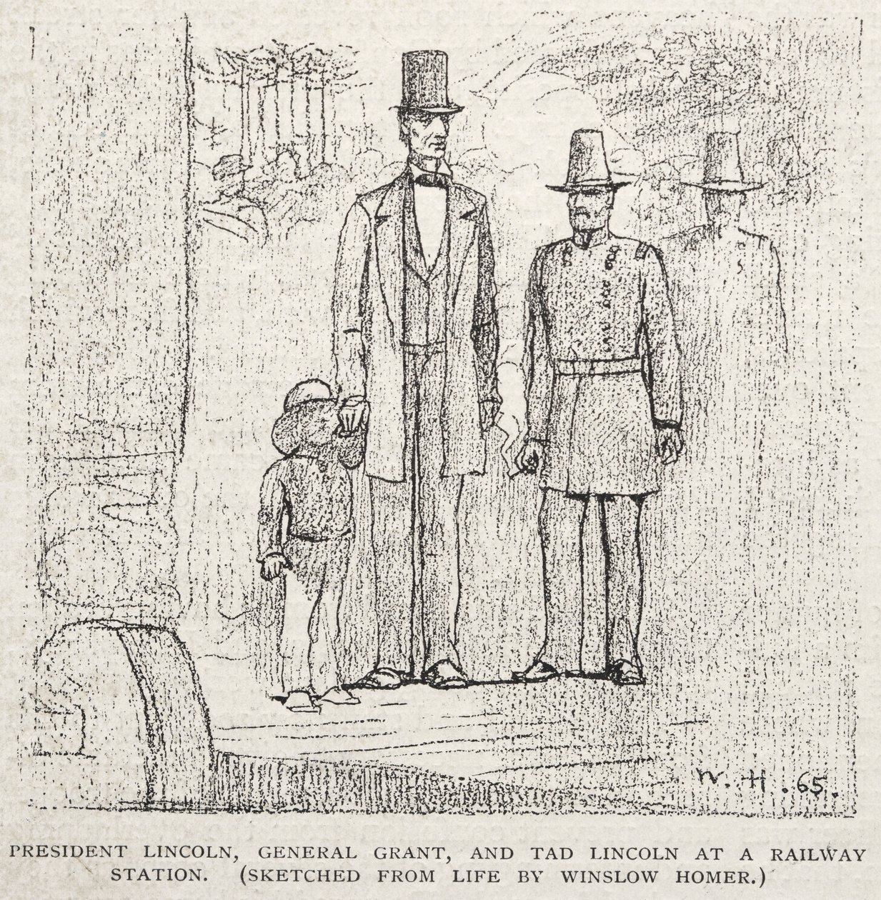 Başkan Lincoln, General Grant ve Tad Lincoln bir tren istasyonunda, 1887. by Winslow Homer