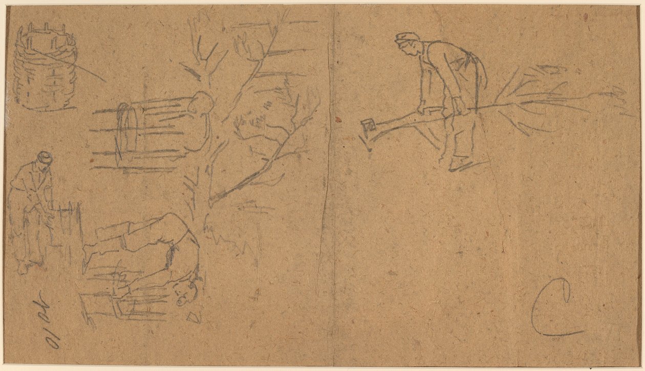 Fidan kesen ve fidanları sepete dokuyan askerler [verso], 1862. by Winslow Homer